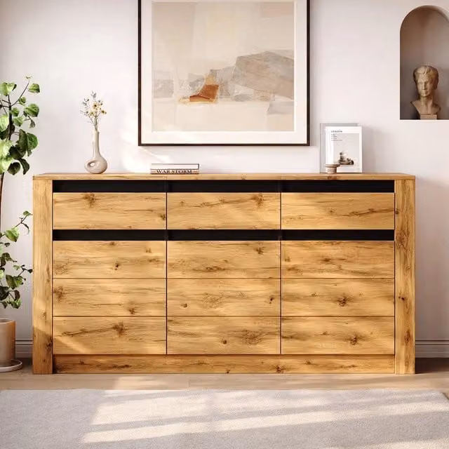 Cassettiera Minimal con 9 vani e 3 cassetti in Rovere, finitura opaca, L: 135 cm, P: 35 cm, H: 70 cm