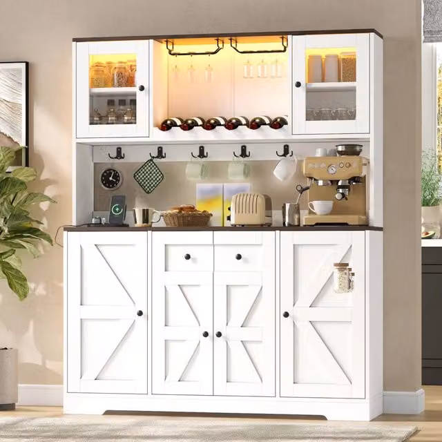 Armadio da cucina alto 140x40x173 cm con illuminazione LED e prese, dispensa con ante in vetro acrilico, portabottiglie e calici, vetrina per soggiorno e sala da pranzo