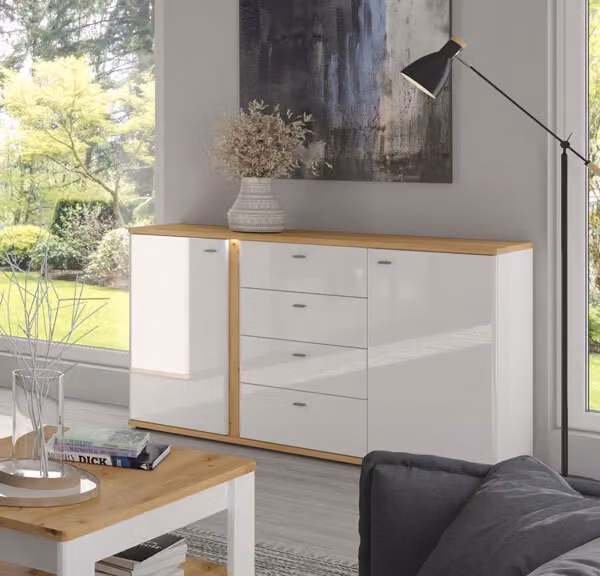 Credenza cassettiera Avila 144cm rovere Artisan fronte MDF bianco lucido