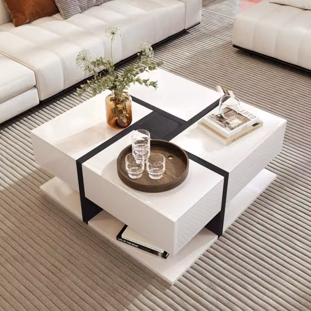 Tavolino basso fisso quadrato con 4 cassetti e ripiano inferiore lucido 78 × 78 × 36 cm
