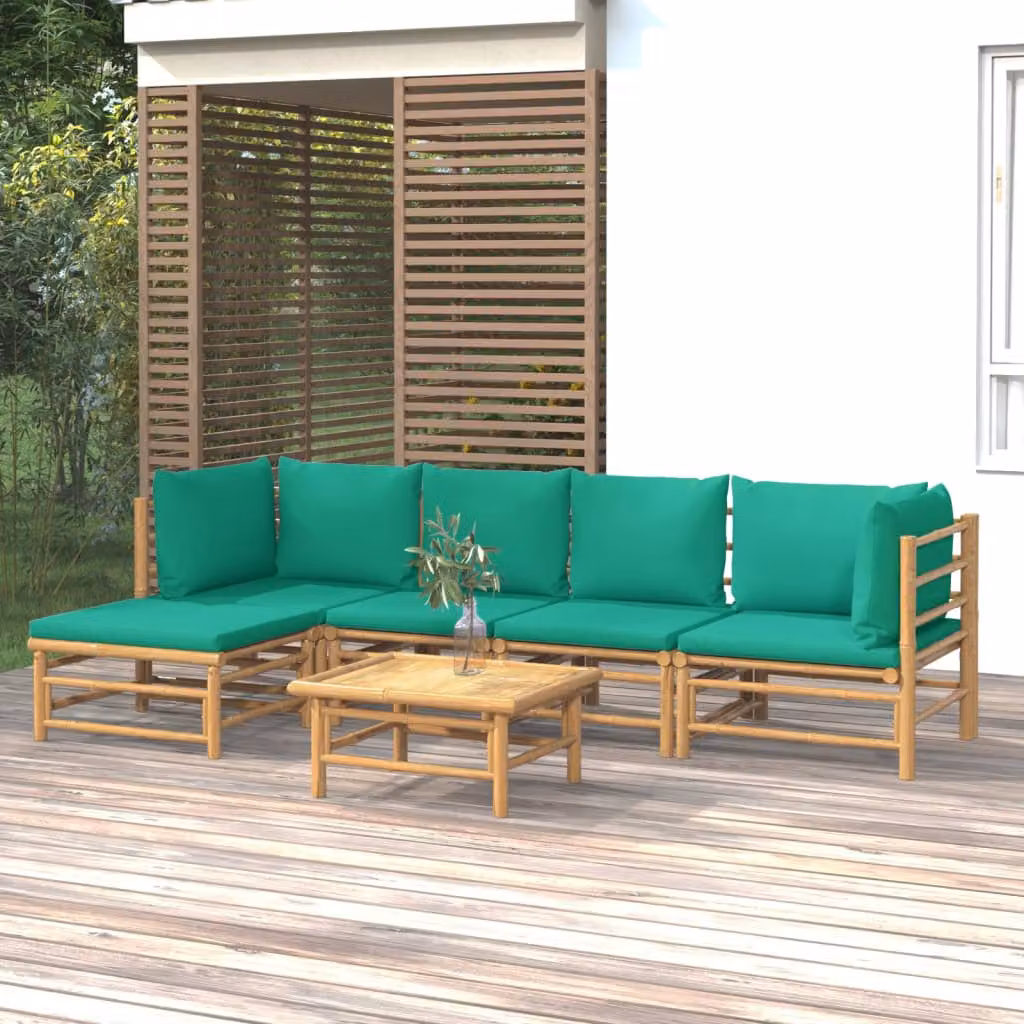 Set Salotto da Giardino vidaXL in Bambù con Cuscini Verdi e Marroni, 6 Pezzi Moderni con Divano Angolare, Tavolino e Pouf
