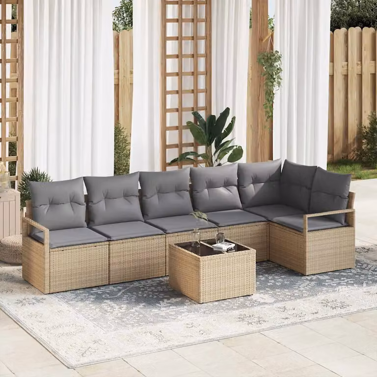 Set di divani da giardino vidaXL 7 pezzi in rattan beige con struttura in acciaio e cuscini inclusi