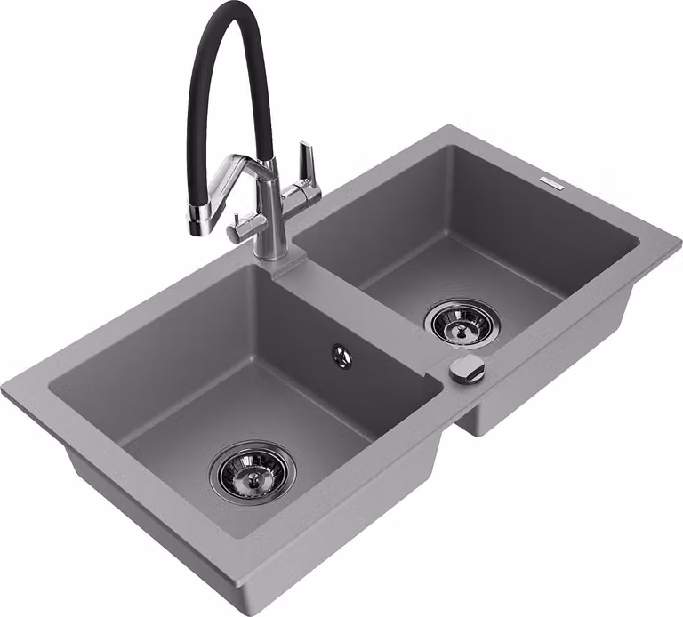 Mexen Mario lavello da cucina in granito a 2 vasche con rubinetto Duo, grigio - 6504-71-671701-07-B
