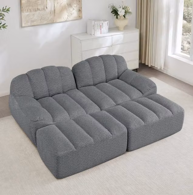 Divano angolare modulare con pouf; 210x165x79 cm; fleece granulato grigio