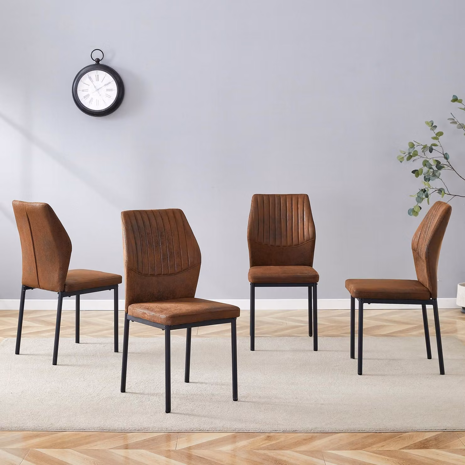 Set di 4 sedie da pranzo, schienale in tessuto tecnico con motivo decorativo, gambe in metallo, design moderno e raffinato (marrone e nero)