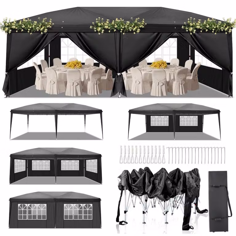 Tenda pop-up da giardino 3x6 metri, impermeabile, resistente al freddo, con altezza regolabile, protezione UV 50+, struttura in acciaio con 6 pannelli laterali, colore nero