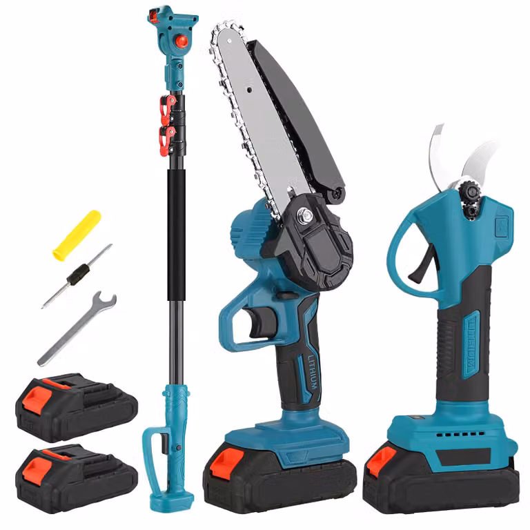 Potatore elettrico, asta telescopica, motore brushless, 2 batterie con sega