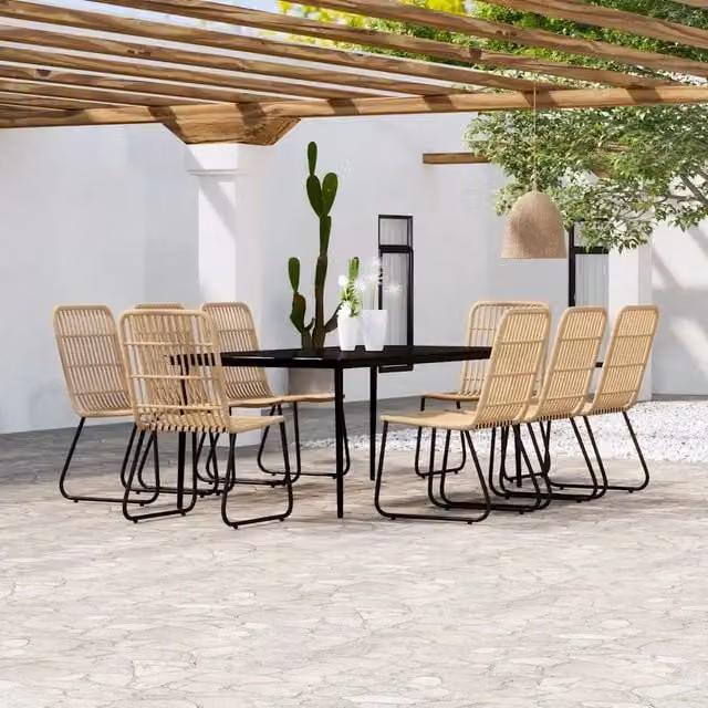 Set da Pranzo per Giardino e Terrazzo vidaXL con Tavolo in Vetro e Sedute in Rattan, Colore Nero e Marrone