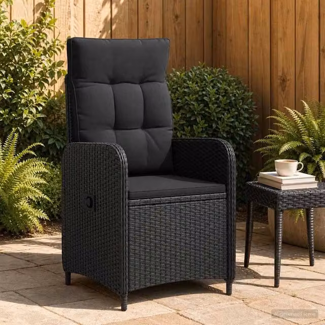 Sedia da giardino reclinabile vidaXL in polyrattan nero con cuscini e braccioli – 1