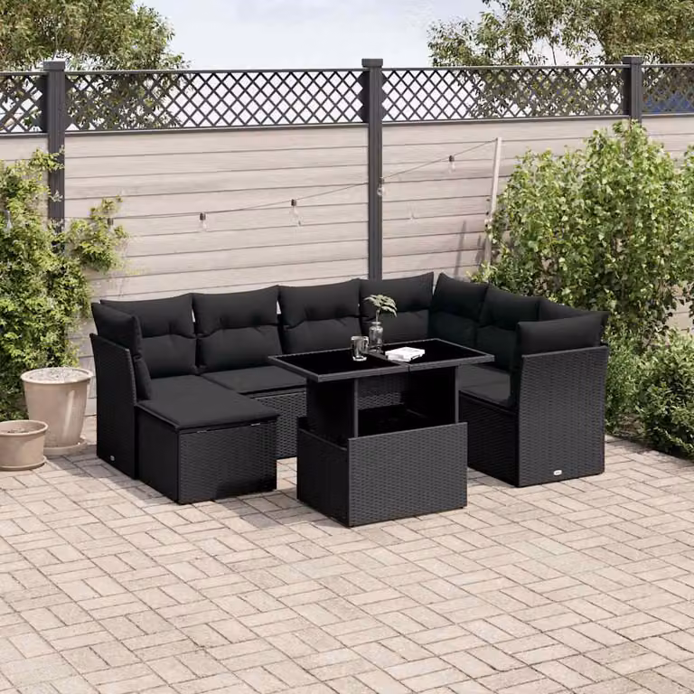vidaXL Set Divani da Giardino a L con Cuscini 8 pz in Polyrattan Nero con Tavolino e Ottoman