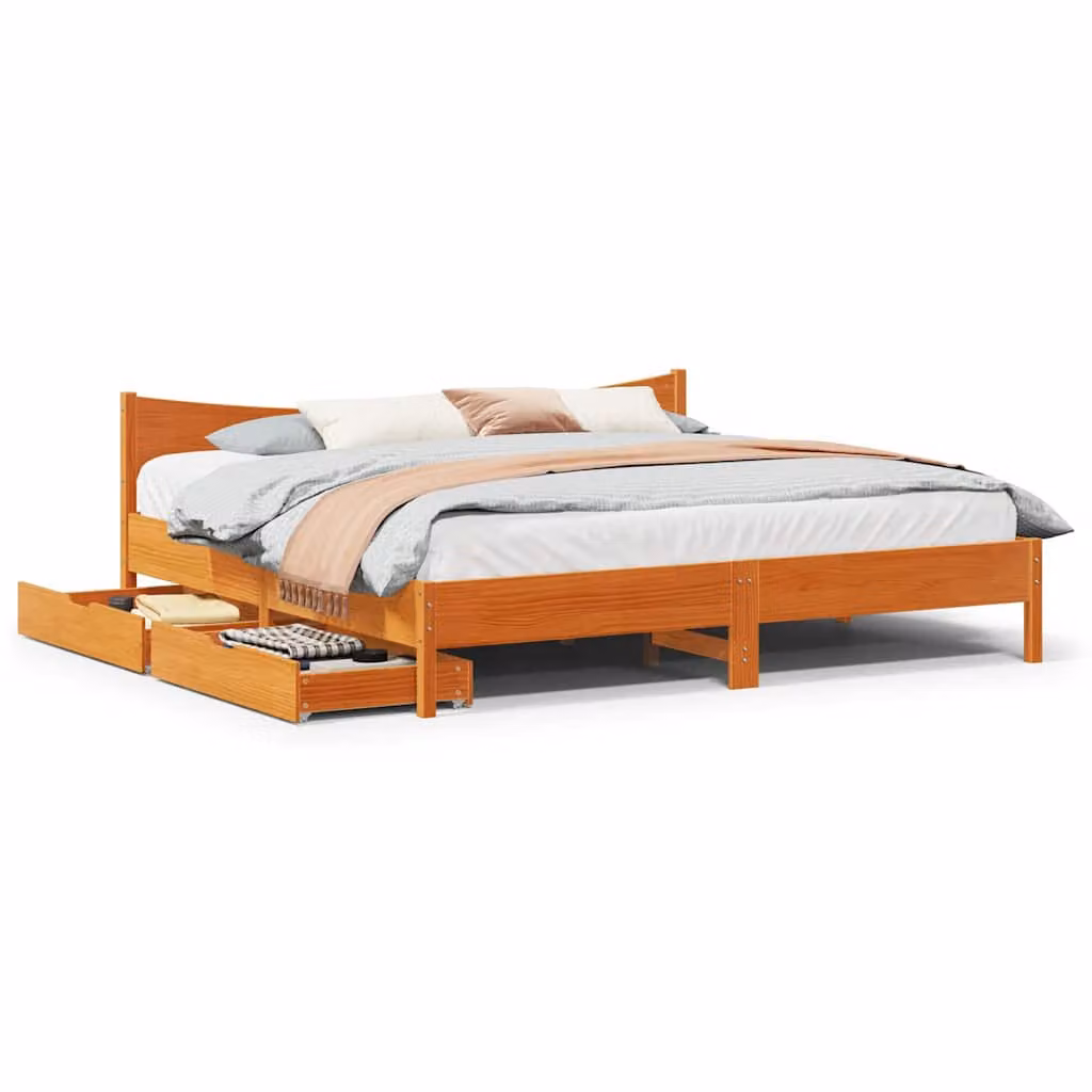 vidaXL Giroletto in legno di pino massello con cassetti Marrone Cera 200x200 cm
