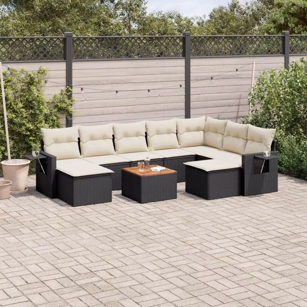 vidaXL Set Divani da Giardino 10pz in Polyrattan Nero con Cuscini e Tavolino – 1