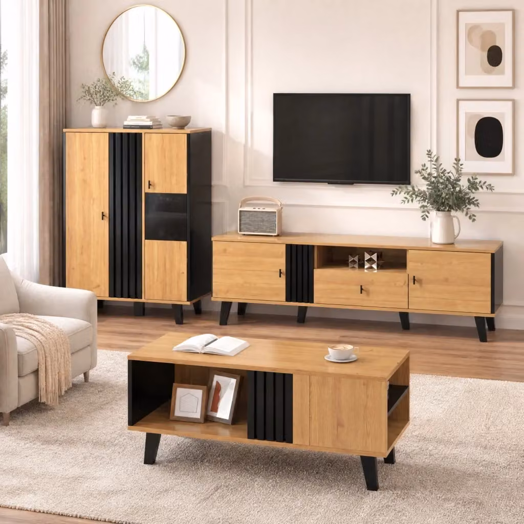 Mobile TV Mivray moderno con due ante e cassetto, finitura nero e legno, L 170 x P 40 x H 50.5 cm – 2