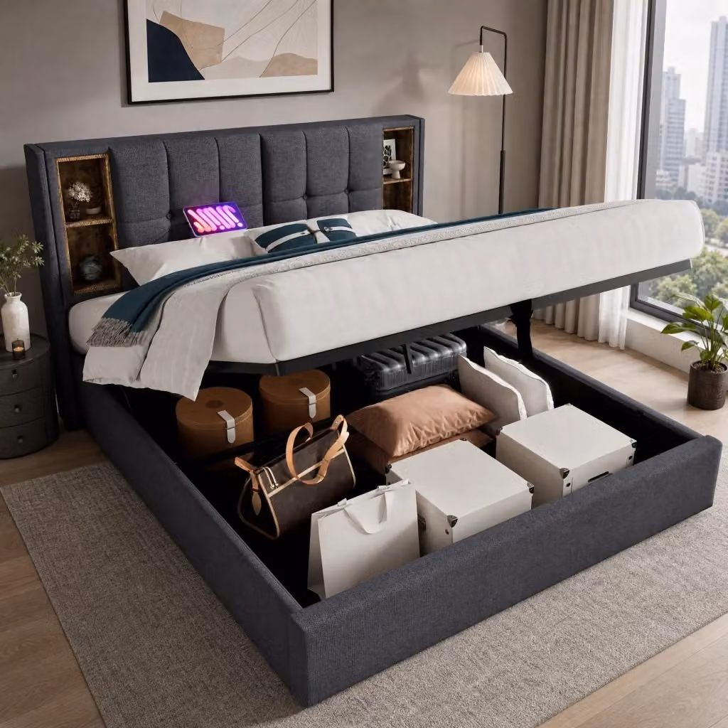 Letto matrimoniale imbottito MODFU grigio con contenitore a sollevamento, porta USB e mensola integrata, L/P: 180 x 200 cm – 2