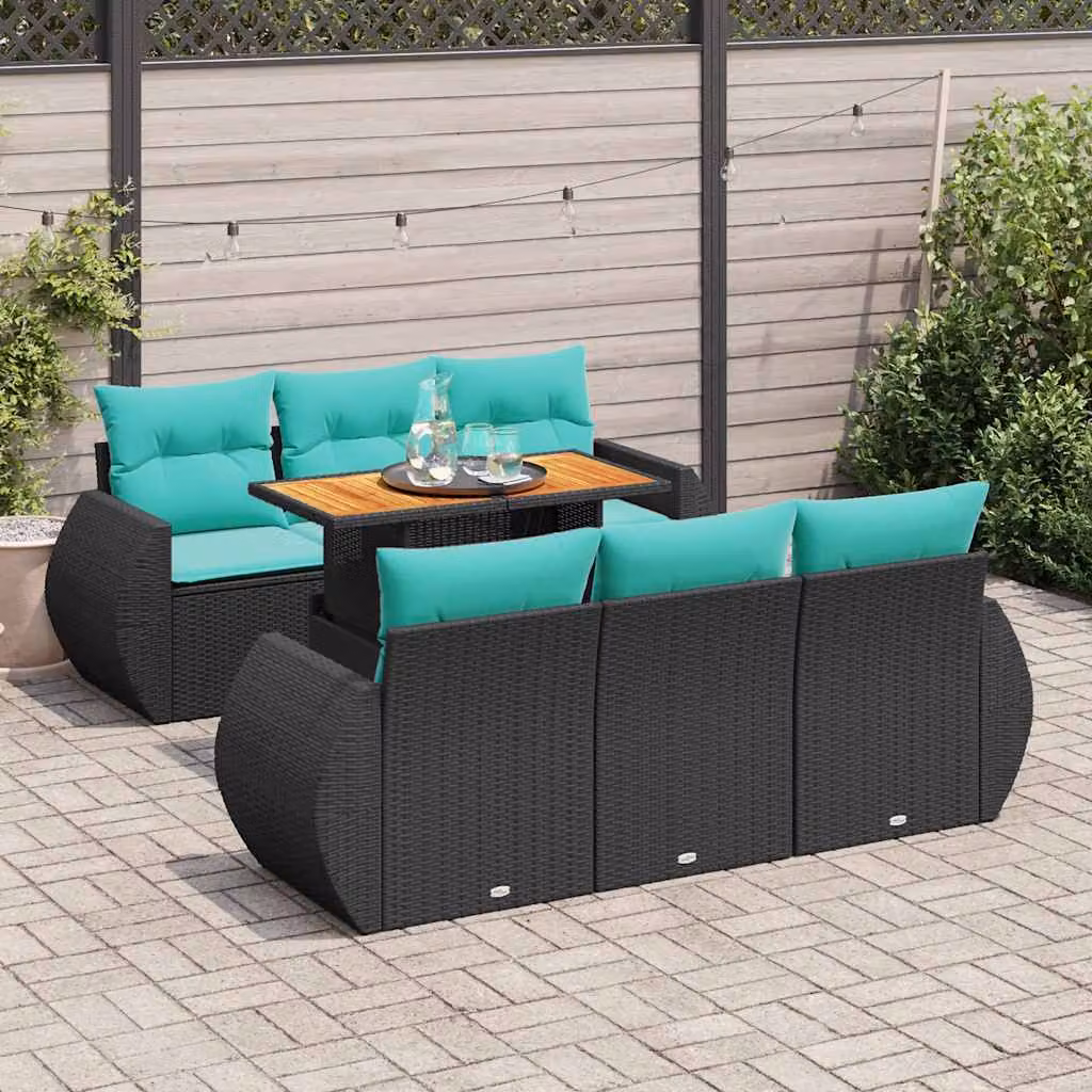 Set Divano da Giardino a L vidaXL con Cuscini e Tavolino, Struttura in Metallo e Polyrattan, Colore Nero e Blu