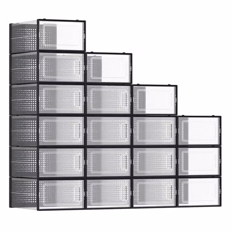 Pacco da 18 Scatole per Scarpe Contenitori per Scarpe, Trasparente + Nero / 30 x 22,5 x 13,5 cm