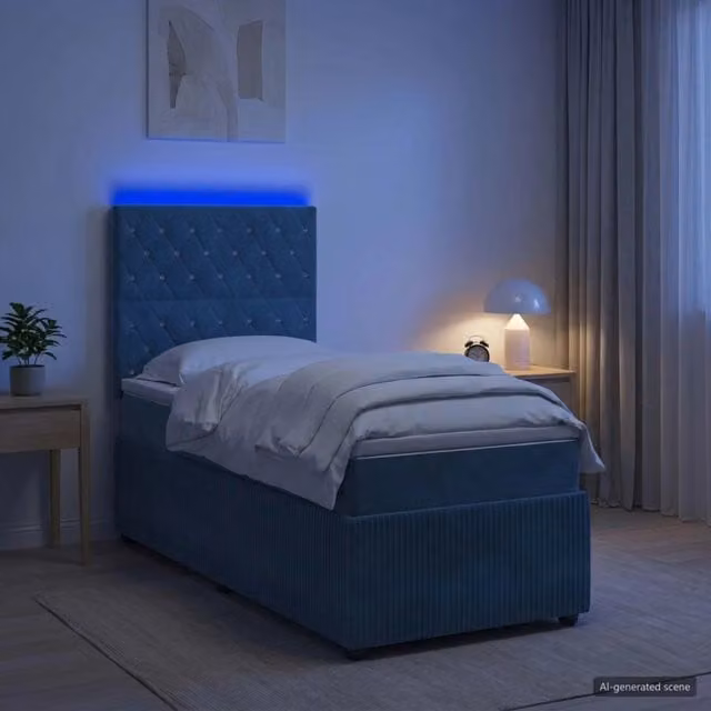 Letto Box Spring vidaXL in Velluto Blu con Materasso Ibrido e Illuminazione LED, con Porta USB e Base a Sollevamento, L/P: 90 x 200 cm