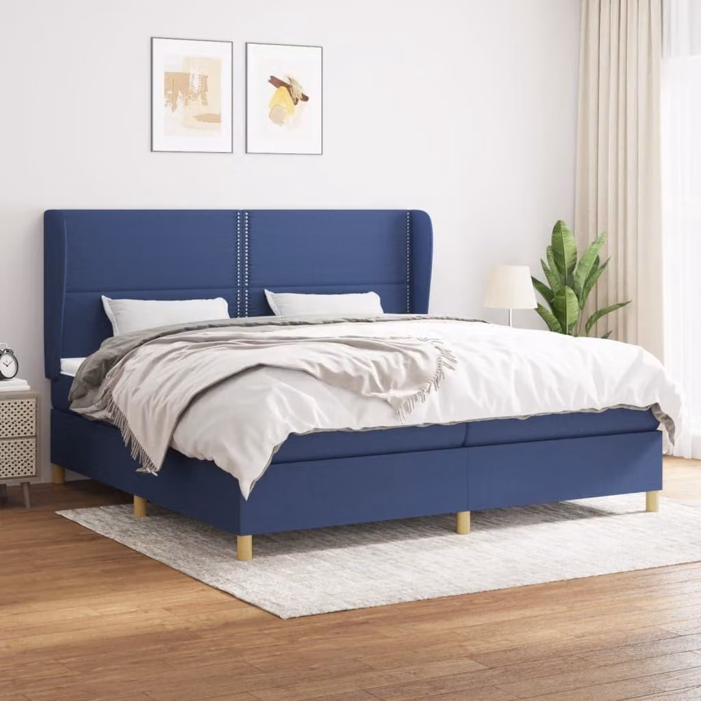 The Living Store Letto a molle con materasso blu 200x200 cm in tessuto