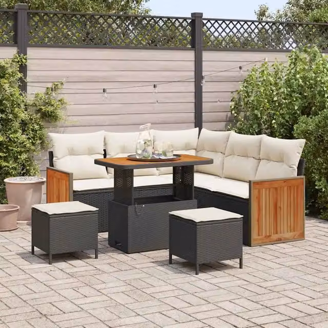 Set Divano da Giardino 9 pz 6-Numero di posti Nero e Crema 3365255
