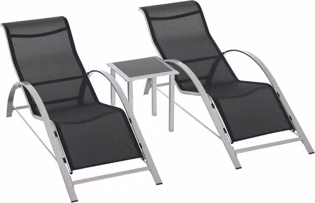 Set di 2 Sdraio da Giardino con Tavolino in Vetro e Tessuto Traspirante, Design Moderno in Acciaio Verniciato, Nero e Grigio, L/P/H: 169 x 59 x 66 cm