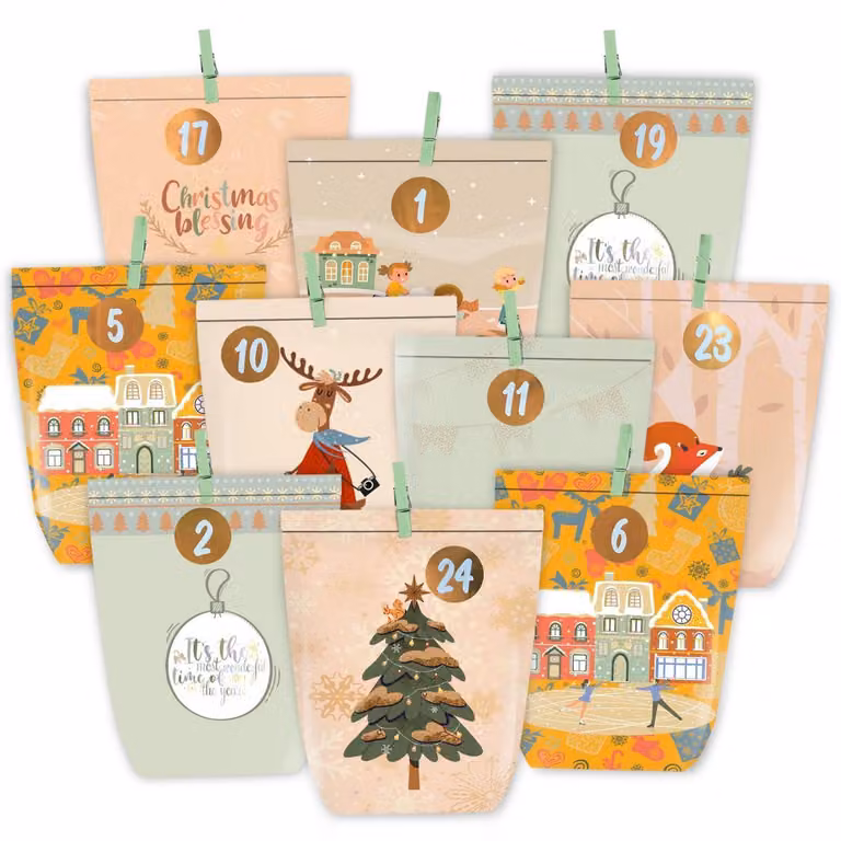 Calendario dell'Avvento da riempire, 24 sacchetti di carta con adesivi numerati, arancione, kit creativo fai-da-te
