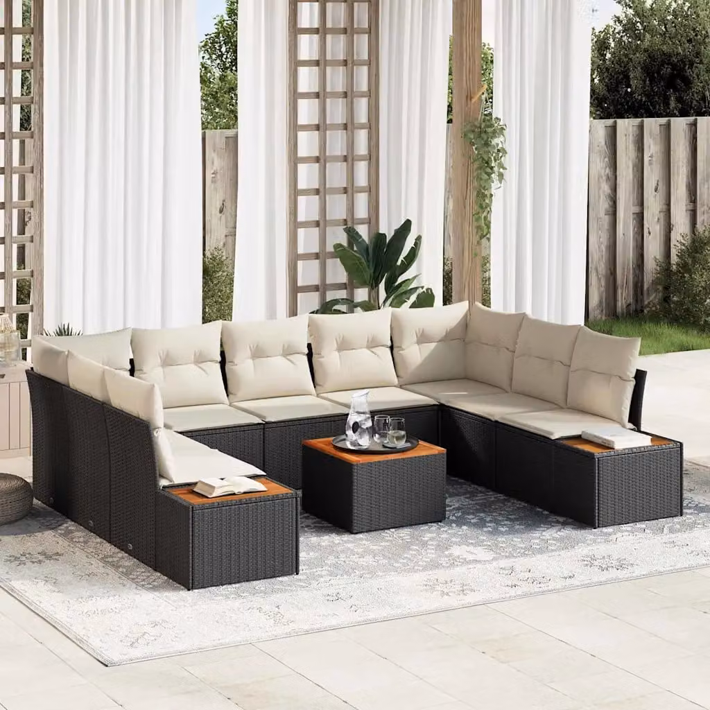 vidaXL Set Divano da Giardino a Forma di U in Poly Rattan Nero con Cuscini e Tavolino da Caffè – 1