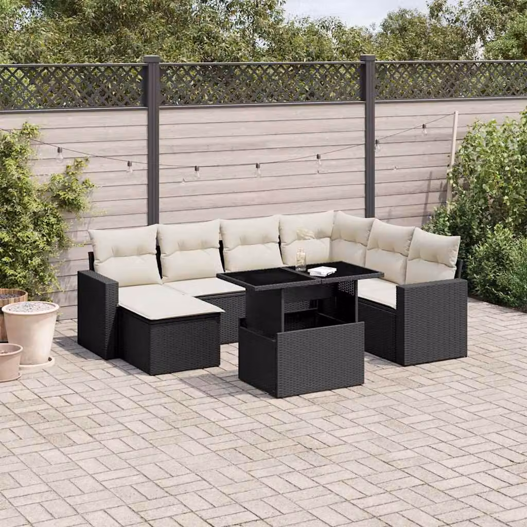 vidaXL Set Divani da Giardino a L in Polyrattan Nero con 8 Cuscini e Tavolino da Esterno – 1