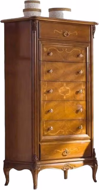 Cassettiera classica in legno con 7 cassetti Mobili 2G finitura bassano L: 76 cm, P: 44 cm, H: 140 cm