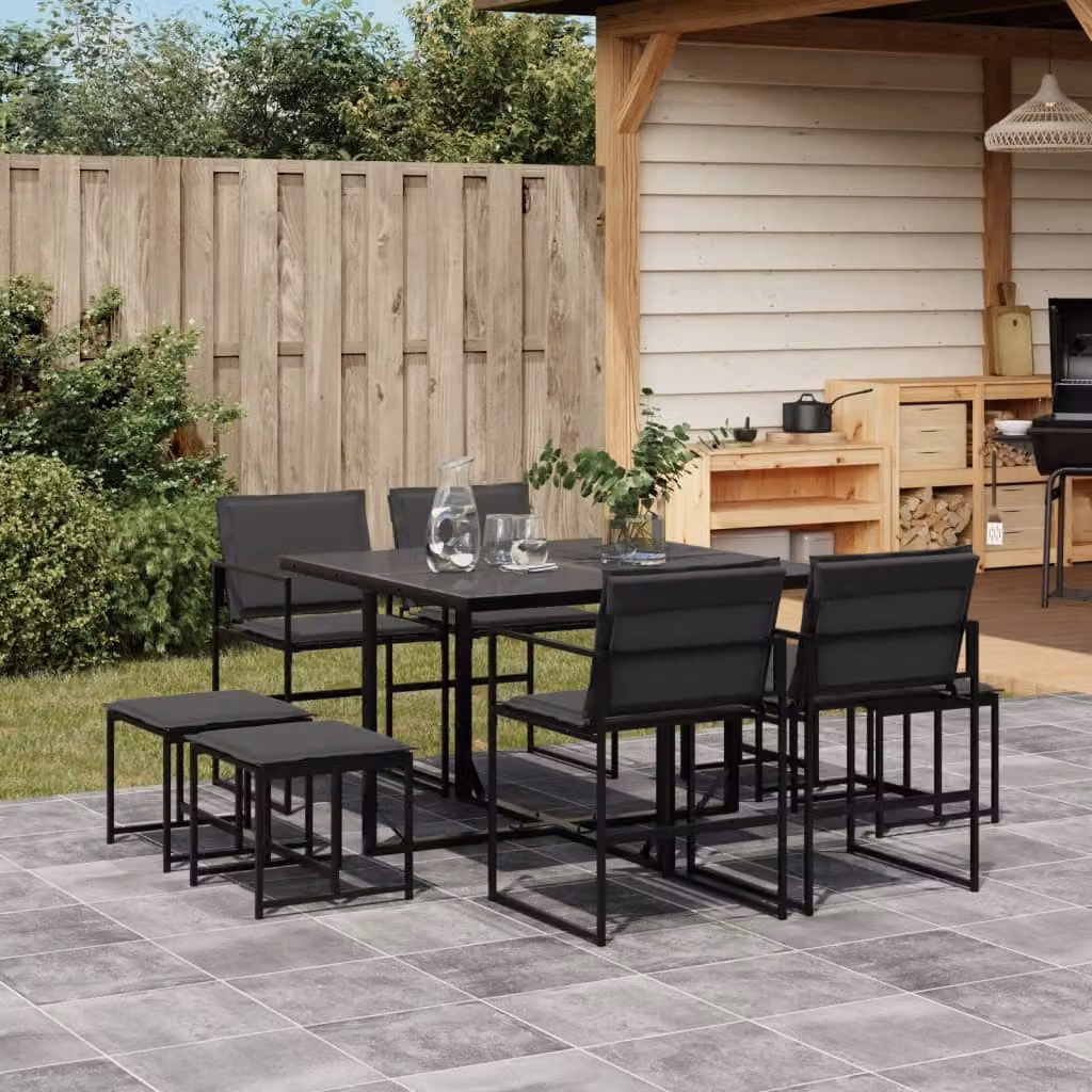 Set da pranzo da giardino vidaXL in acciaio verniciato a polvere e vetro, 9 pezzi, nero e grigio – 1
