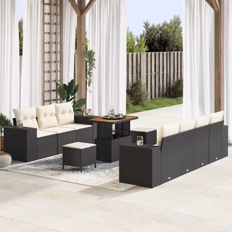 Set Divano da Giardino vidaXL 10 Pezzi con Tavolino e Pouf, Design Moderno a L, Nero e Beige