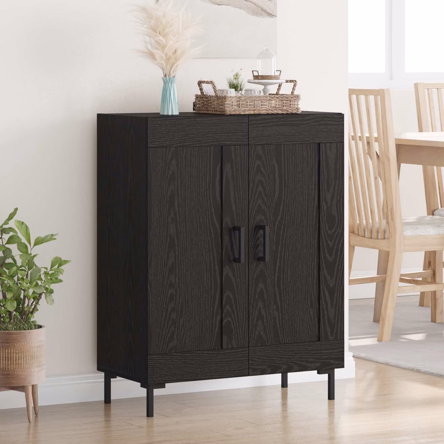 Credenza moderna vidaXL in MDF e metallo, colore nero, L: 69,5 cm, P: 34 cm, H: 90 cm