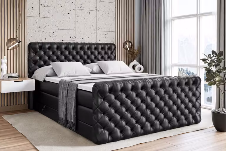 Letto boxspring ALTDECOR con pediera, 2 materassi e topper - 160x200 cm - BOXI8-Z KING - Pelle finta nera - Letto imbottito con materassi H3 e H4, contenitore e rete a doghe, letto con spazio contenitivo