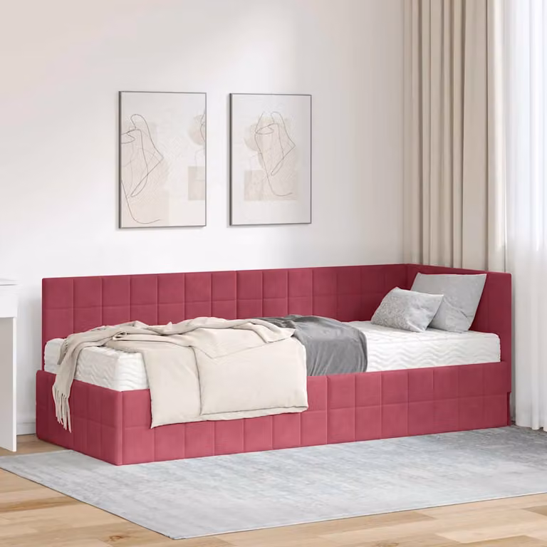 vidaXL Letto Angolare Moderno con 2 Materassi in Schiuma, Rivestimento in Velluto Rosso, L/P/H: 200 x 80 x 72 cm