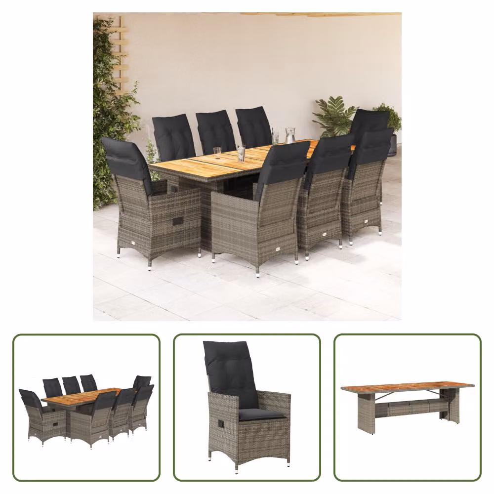 The Living Store Set bistrot da giardino 9 pezzi con cuscini in poly rattan grigio