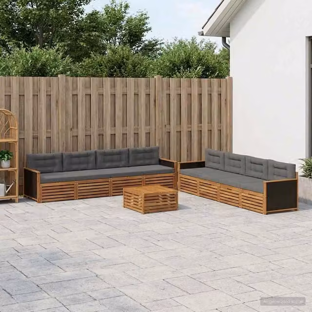 Set di mobili da giardino vidaXL composto da 9 pezzi con divani, tavolino da caffè e cuscini in poliestere antracite e beige con struttura in legno di acacia