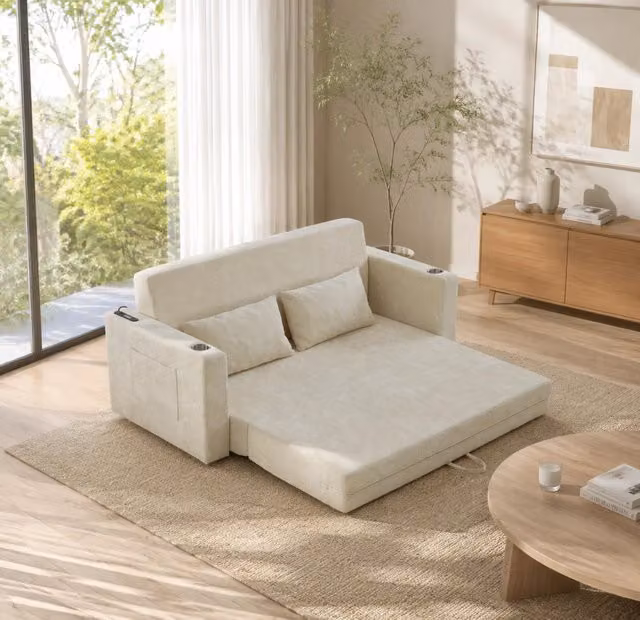 Divano letto 2 posti 153x77x65 cm in ciniglia beige con USB per soggiorno –