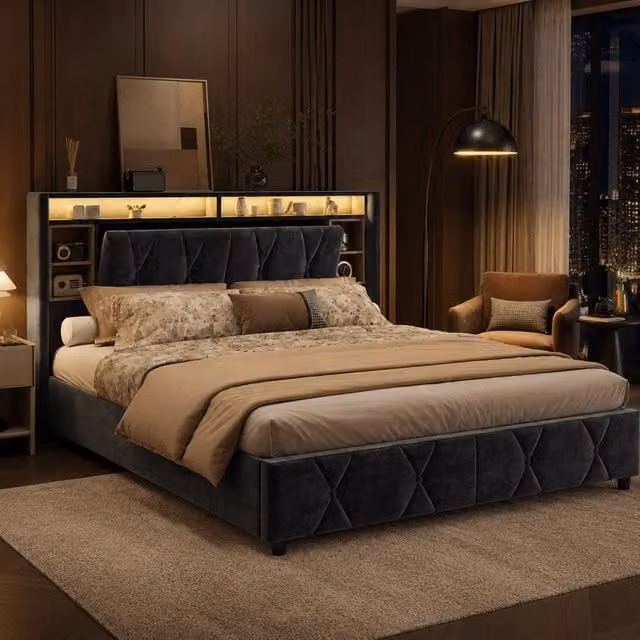 Letto imbottito grigio 140×200 cm, testiera contenitiva multilivello, USB‑C, LED con telecomando, base letto vano idraulico salvaspazio