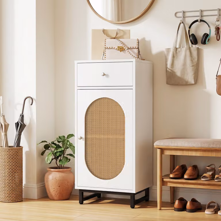 Costway Mobiletto di stoccaggio moderno in rattan PE e metallo con ante a battente e cassetto, Armadietto da pavimento bianco per camera, bagno o soggiorno