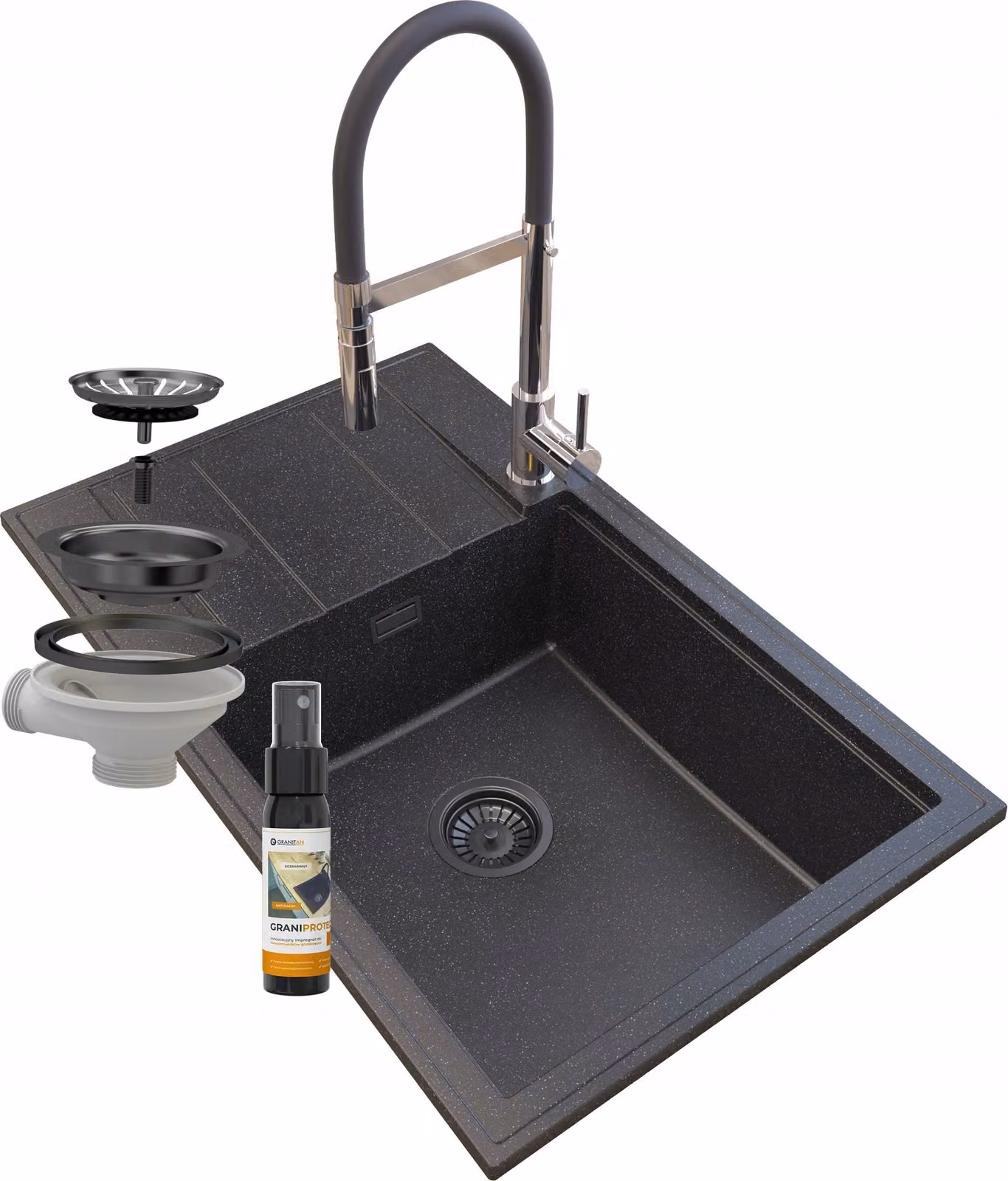 Granitan - Lavello in granito - Lavello da cucina - 80x50 cm - Nero - con rubinetteria VENTO e scolapiatti - LOUIS