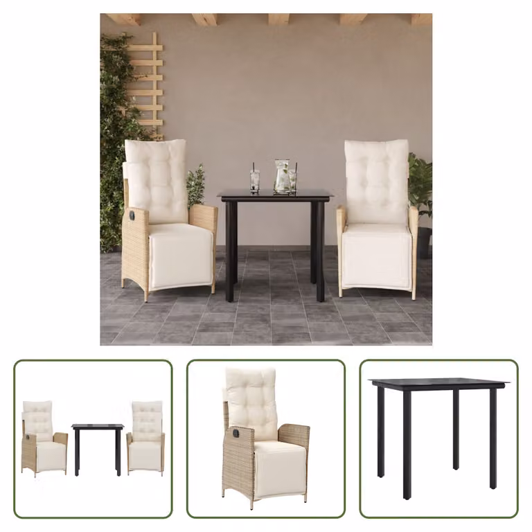 The Living Store Set da pranzo da giardino 3 pezzi con cuscini Beige poly rattan