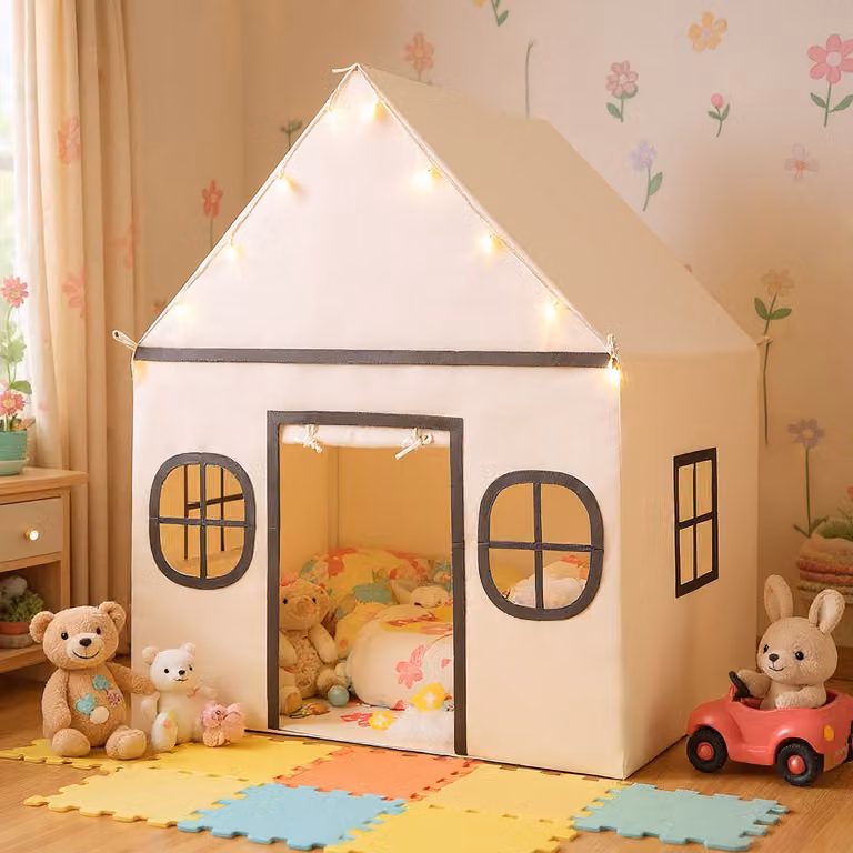 Tenda da gioco per bambini Costway con finestre, porta e luci a stella, Beige, L: 143 cm, P: 120 cm, H: 101 cm