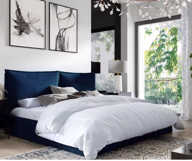 Letto imbottito GUTTO GLAMMY 120x200 rete a doghe metalliche tessuto velluto blu Velvett con rete e contenitore