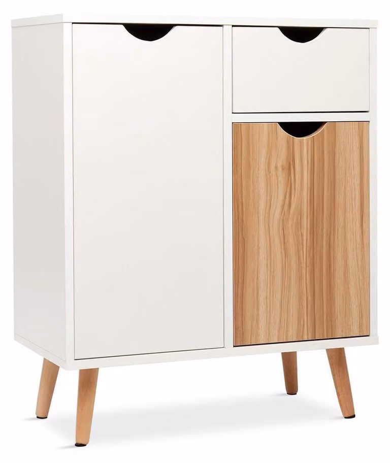 Comodino/Credenza con 1 cassetto, 2 ante, dimensioni 60 x 30 x 73 cm, colore bianco e finitura naturale
