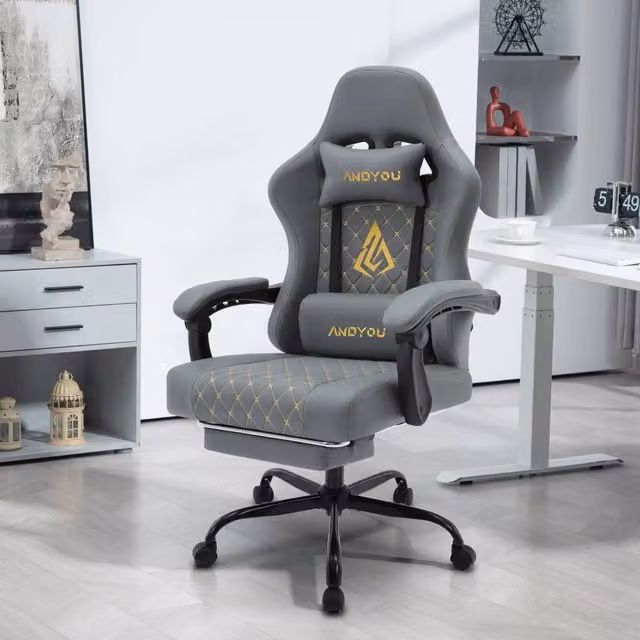 Sedia Gaming Minimal Grigia in Faux Leather con Poggiatesta e Braccioli – 1
