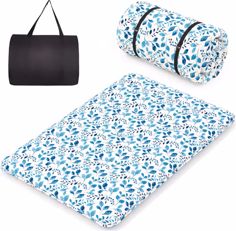 COSTWAY Materasso futon giapponese, materassino tatami, materassino da pavimento, materassino pieghevole con fodera lavabile e borsa per il trasporto, materassino per dormire 140 x 200 cm foglia blu