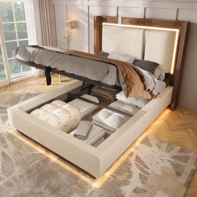 Letto giovane 90x200 LED idraulico lino beige/noce