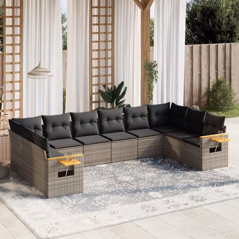 vidaXL Set Divano da Giardino 10 pz in Polyrattan Grigio con Cuscini e Tavolino da Caffè