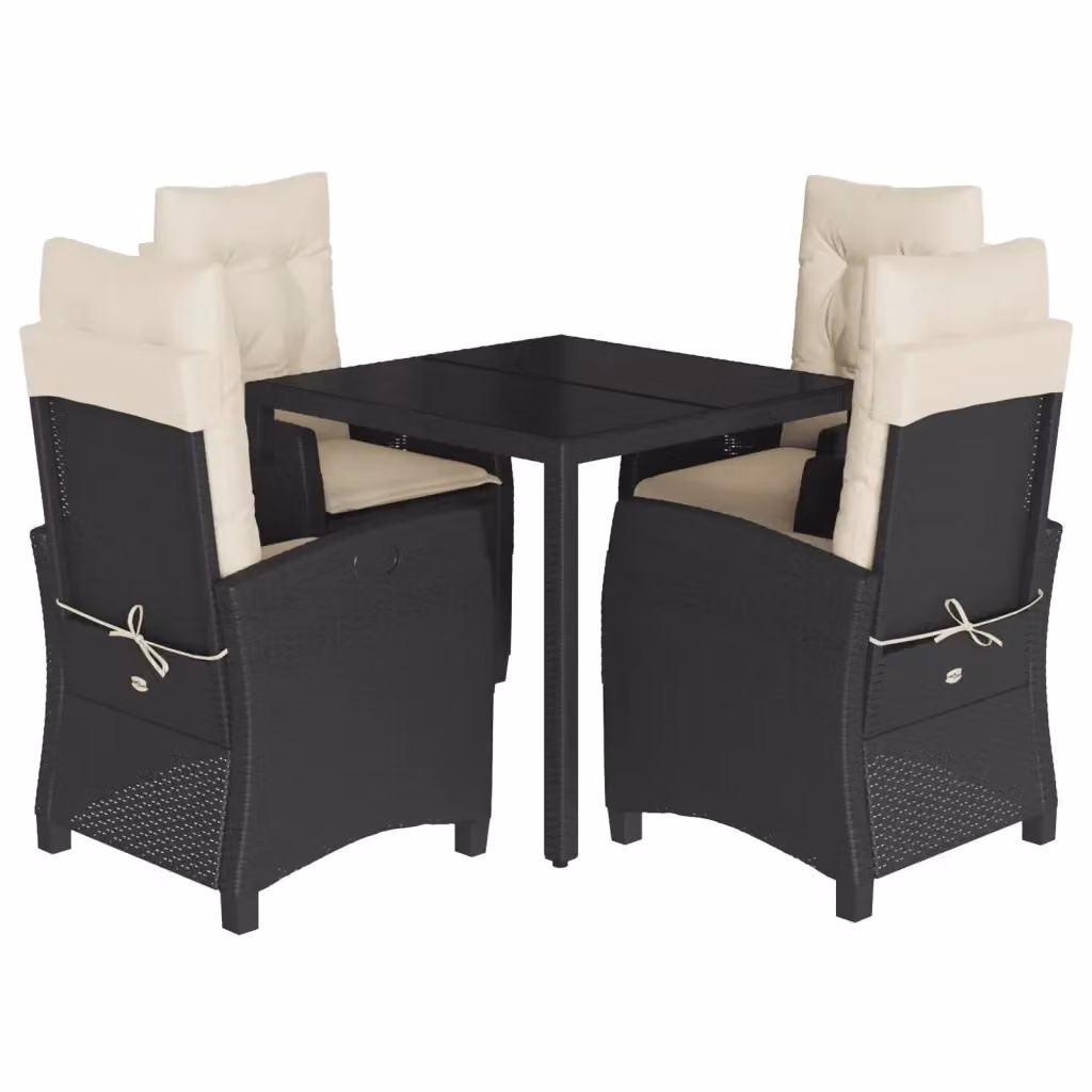 Set da Pranzo da Giardino vidaXL 5 pz in Polyrattan Nero con Piano in Vetro e Cuscini – 2