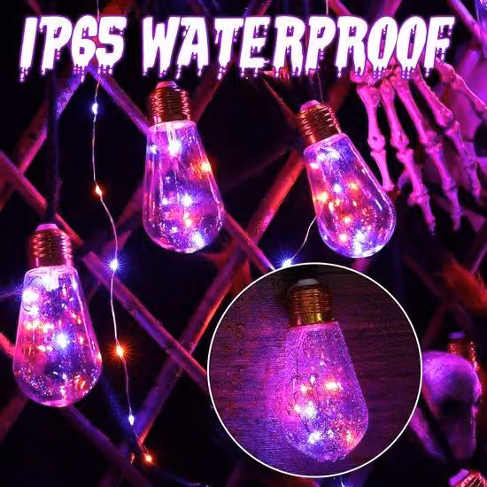 Catena luminosa solare Ibbenzoa® per Halloween, 8 metri (6 metri di luci + 2 metri di cavo), 160 LED in 16 lampade, arancione e viola, 8 modalità, IP65, 10-12 ore di autonomia.