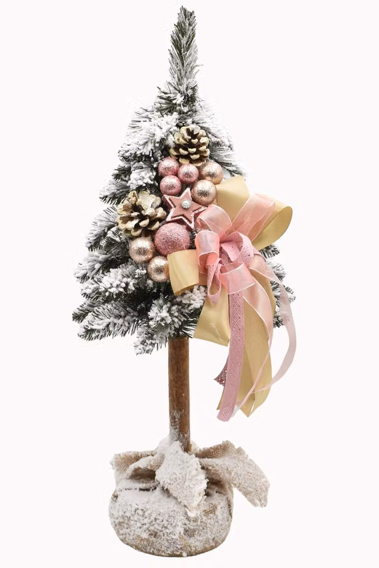 PINUS COMPANY | Albero di Natale su base di legno - 65 cm - Rosa - Decorazione fatta a mano - Elegante atmosfera natalizia